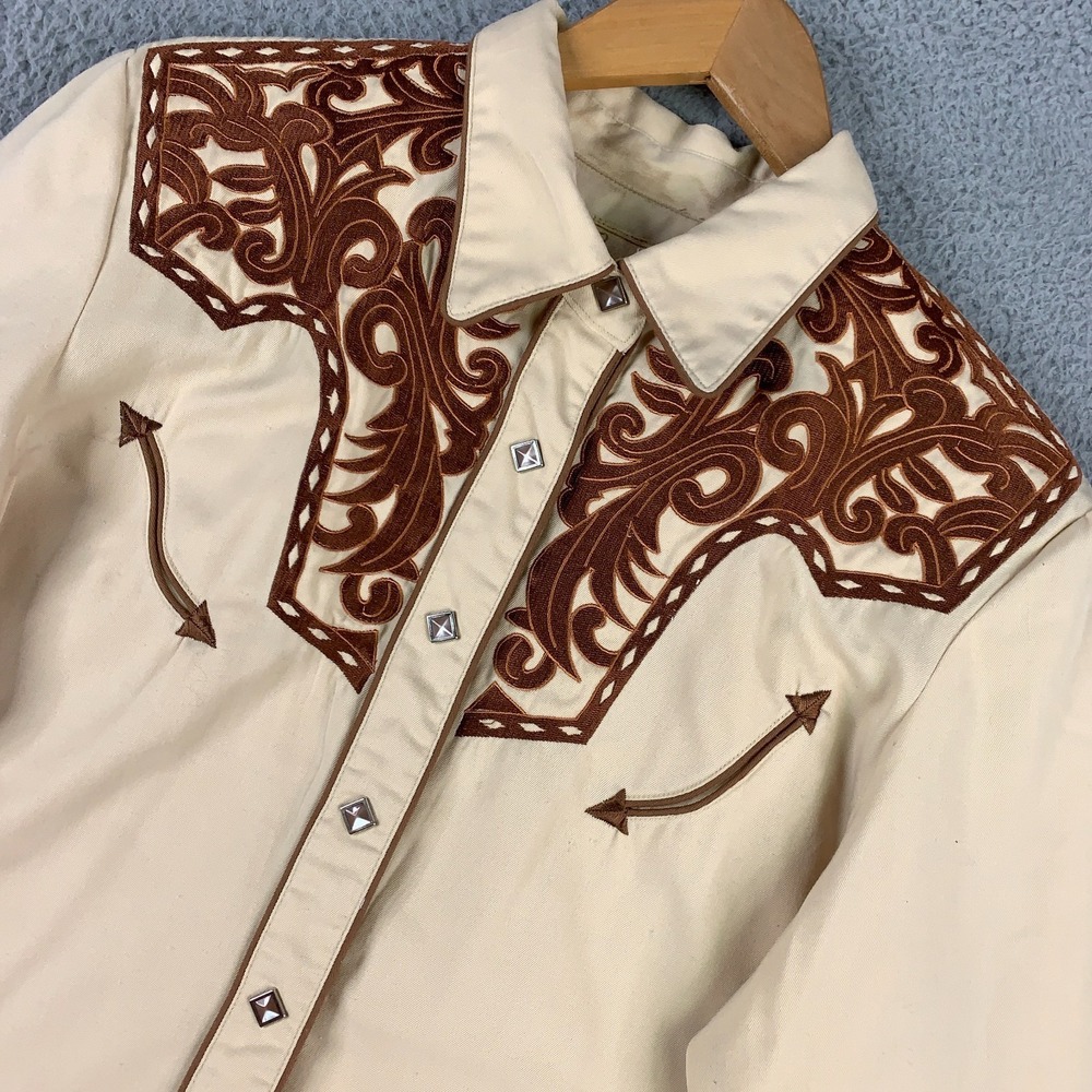 Vintage Scully Shirt Womens Medium Natural Embroidered Pearl Snap Western Rodeo